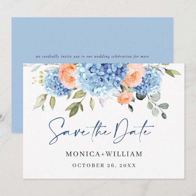 Save The Date Elégant bleu Hydrangea Blush Rose Floral Mariage (Devant / Derrière)