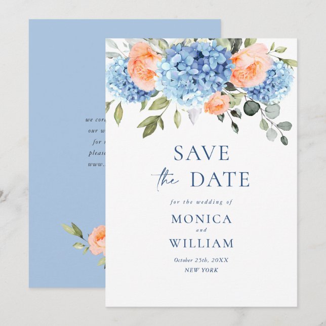 Save The Date Elégant bleu Hydrangea Blush Rose Floral Mariage (Devant / Derrière)