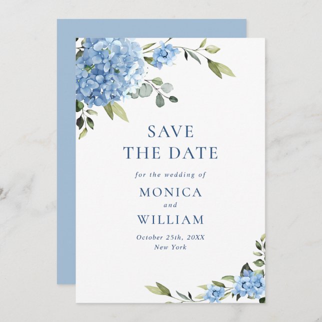 Save The Date Elégant bleu Hydrangea Fleurs Printemps Mariage (Devant / Derrière)