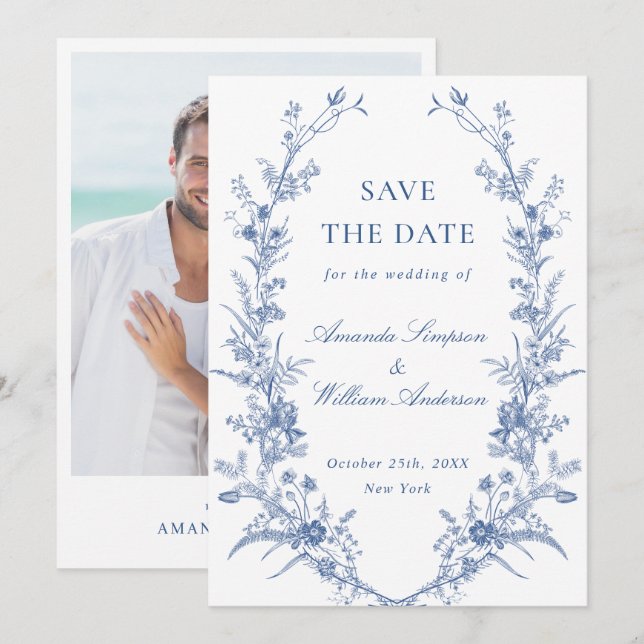 Save The Date Elégant bleu Jardin Français Floral Mariage Photo (Devant / Derrière)
