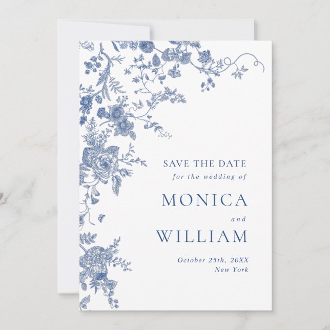 Save The Date Elégant bleu Jardin Français Floral Mariage QR cod (Devant)
