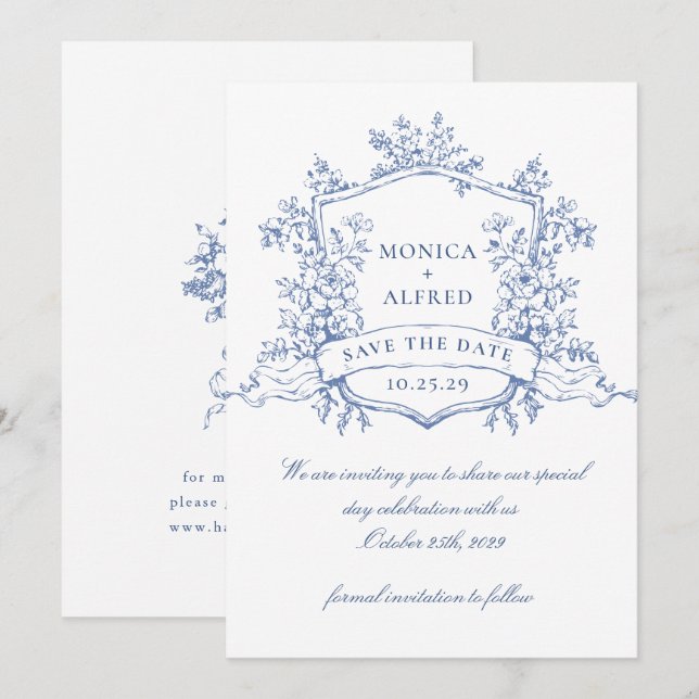 Save The Date Elégant bleu Mariage de fleurs de jardin (Devant / Derrière)