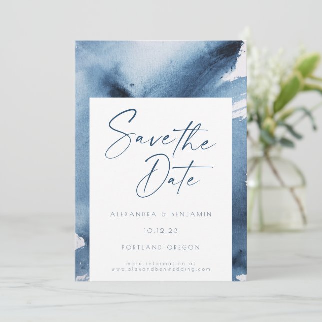 Save The Date Elégant bleu marine Aquarelle Abstraite (Debout devant)