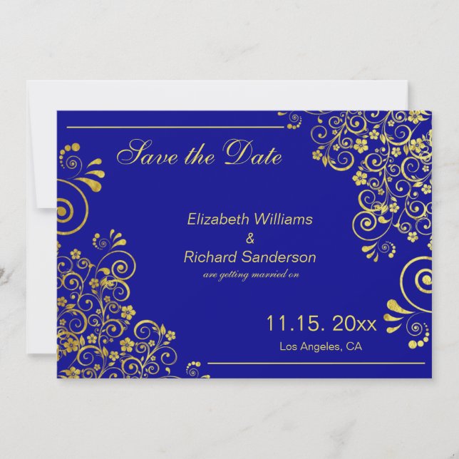 Save The Date Élégant Bleu Nuit Or Faire Part de Mariage à l'ava (Devant)