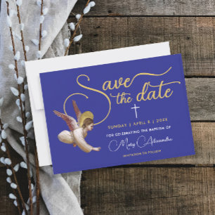 Save The Date Élégant Bleu Or Angel Bénie Baptême Baptême Christ