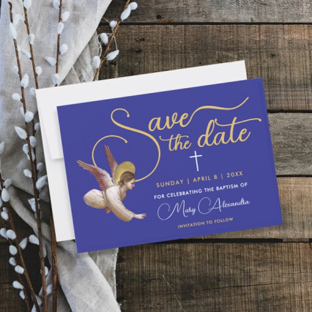 Save The Date Élégant Bleu Or Angel Bénie Baptême Baptême Christ (Créateur téléchargé)