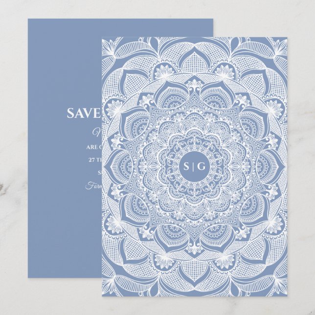 Save The Date Elégant bleu poussiéreux en dentelle blanche class (Devant / Derrière)