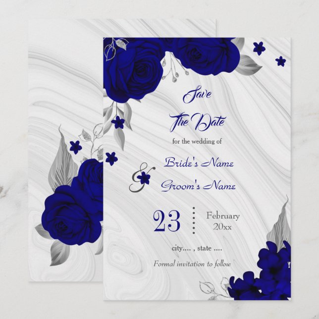 Save The Date élégant bleu royal gris argenté floral (Devant / Derrière)