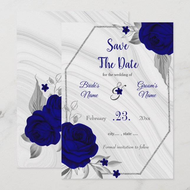 Save The Date élégant bleu royal gris argenté floral (Devant / Derrière)