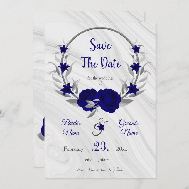 Save The Date élégant bleu royal gris argenté floral enregistrer (Devant / Derrière)
