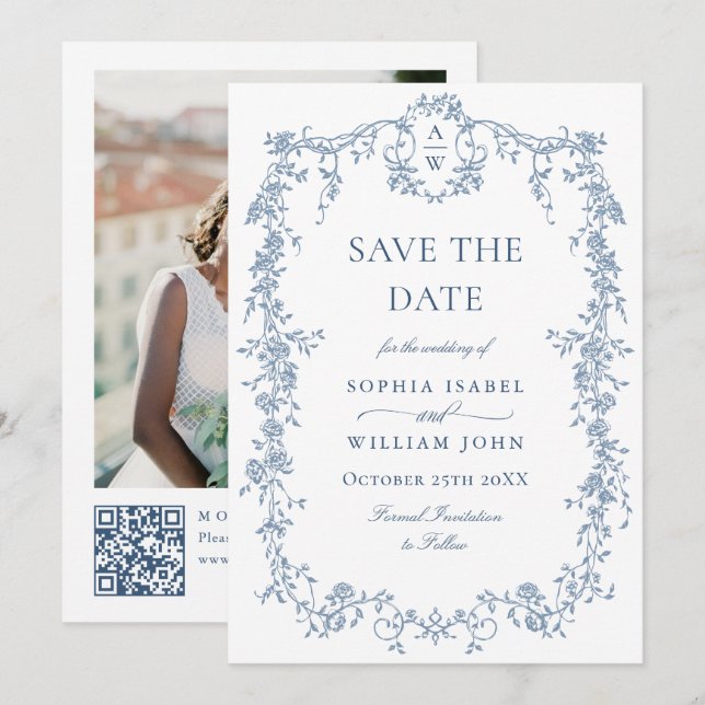 Save The Date Elégant bleu Toile Français Floral Mariage QR code (Devant / Derrière)