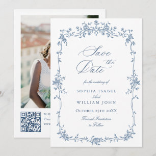 Save The Date Elégant bleu Toile Français Floral Mariage QR code