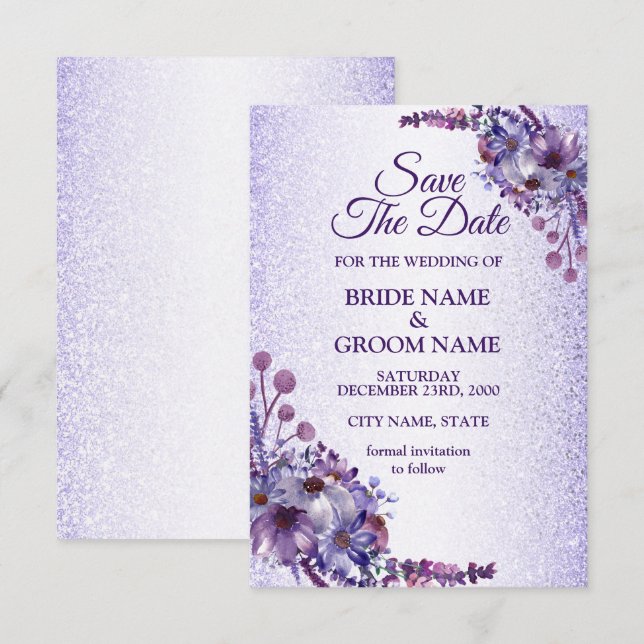 Save The Date Élégant bleu violet rose Parties scintillant Flora (Devant / Derrière)