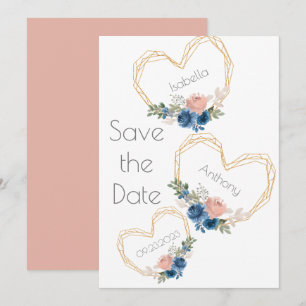Save The Date Élégant Blue Gold Heart Floral Names Mariage Enreg