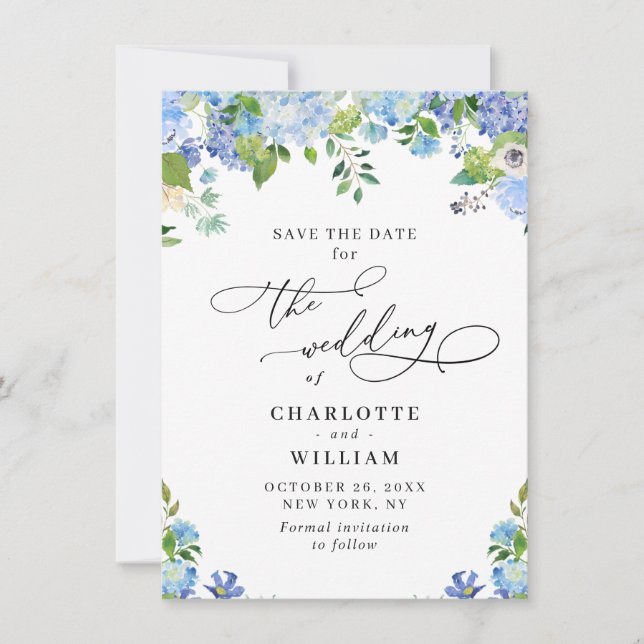 Save The Date Elégant Blue Hydrangea Greenery Photo Mariage QR (Devant)
