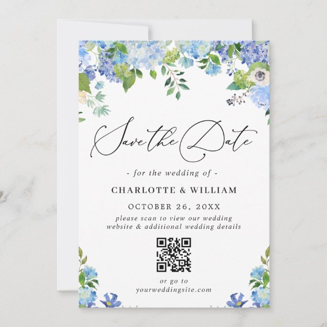 Save The Date Elégant Blue Hydrangea Greenery Photo Mariage QR (Devant)