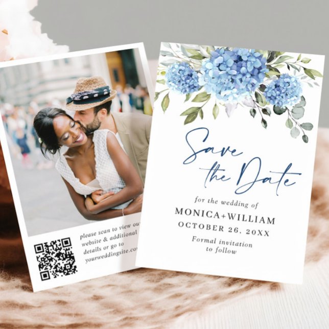 Save The Date Elégant Blue Hydrangea Mariage QR code Photo (Créateur téléchargé)