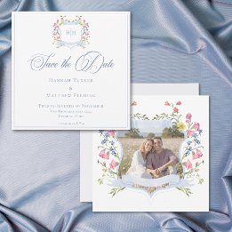 Save The Date Elegant Blue Pastel Wildflower Crest Wedding Photo