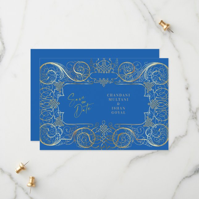 Save The Date Elégant Blue Regal Gold Wedding Enregistrer La Dat (Devant/Arrière en situation)