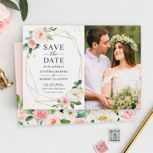 Save The Date Elégant Blush Floral Gold Photo géométrique