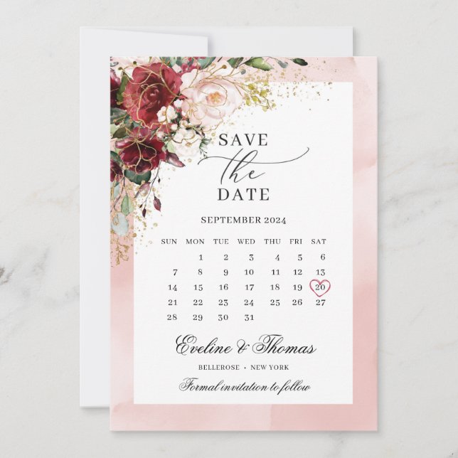 Save The Date Élégant boho feuille bordeaux bordeaux et floral (Devant)