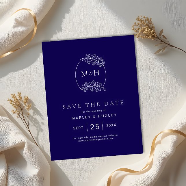 Save The Date Élégant Boho Leaf Monogramme Bleu et Mariage blanc (Créateur téléchargé)