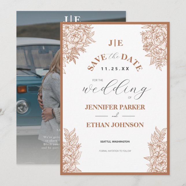 Save The Date Elegant Boho Peony Botanical Photo Mariage (Devant / Derrière)