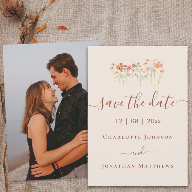 Save The Date Elegant Boho Wildflower Meadow Photo Wedding (Elegant boho Wildflower meadow beige terracotta photo Wedding save the date card)