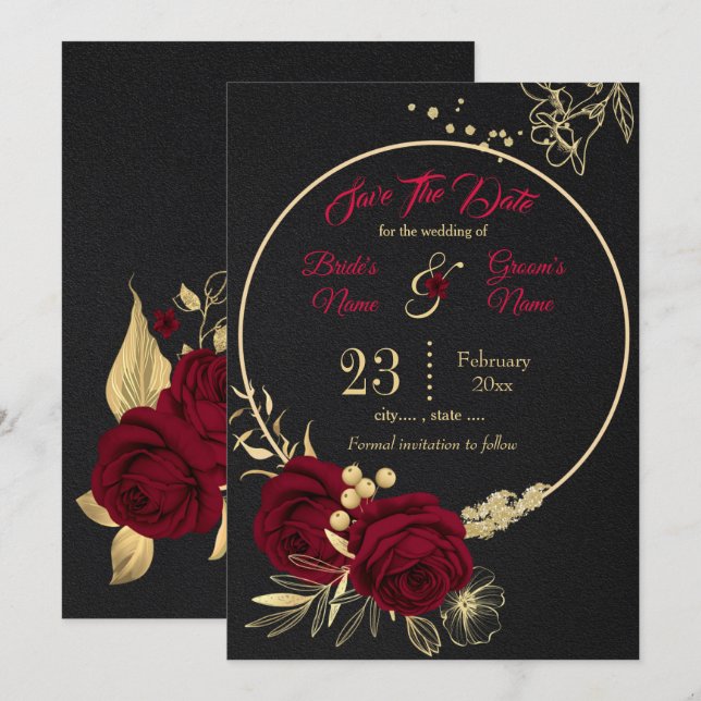 Save The Date élégant bordeaux or floral noir (Devant / Derrière)