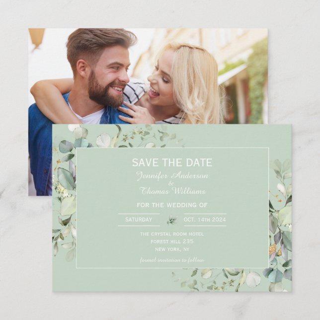 Save The Date Elégant Botanique Eucalyptus Couleur Succulente (Devant / Derrière)