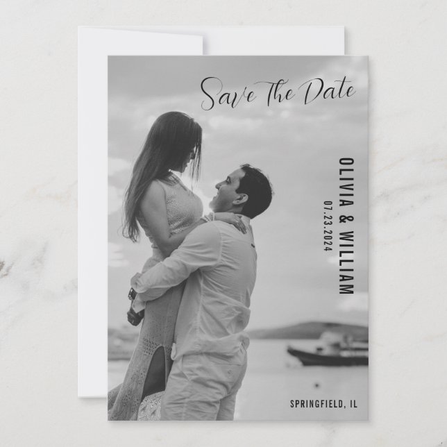 Save The Date Elégant Botanique Noir et Blanc Monogramme QR Code (Devant)