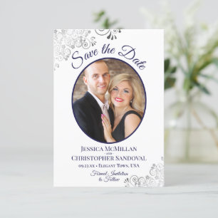 Save The Date Elégant boucles d'argent Marine bleu photo Mariage