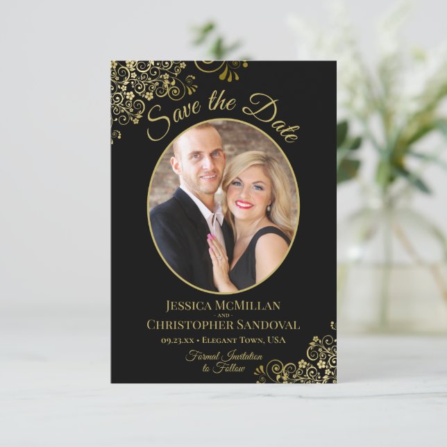Save The Date Elégant Boucles d'or Oval Photo Black Mariage (Debout devant)
