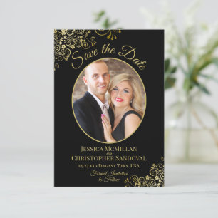 Save The Date Elégant Boucles d'or Oval Photo Black Mariage