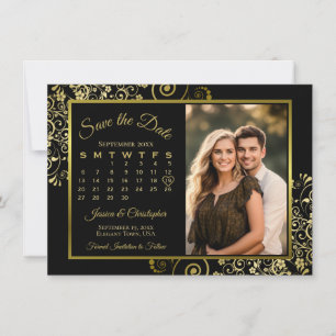 Save The Date Elégant boucles d'or sur Black Calendar Mariage ph