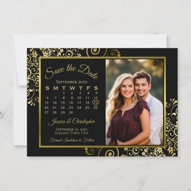 Save The Date Elégant boucles d'or sur Black Calendar Mariage ph (Devant)