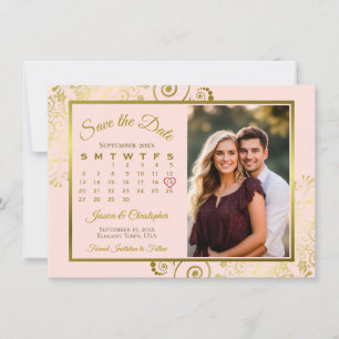 Save The Date Elégant boucles d'or sur calendrier rose Mariage p