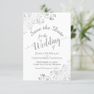 Save The Date Élégant boule gris argenté sur Mariage blanc