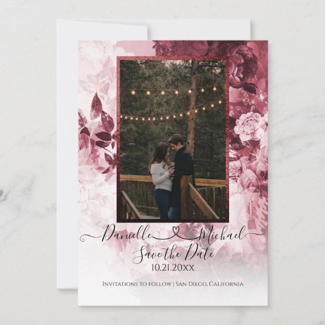 Save The Date Élégant Bourgogne blanc floral Script Coeur Photo (Devant)