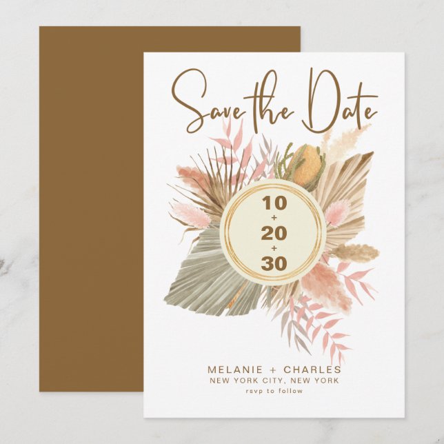Save The Date Élégant Brown doré Pampas Grass Boho Foliage (Devant / Derrière)