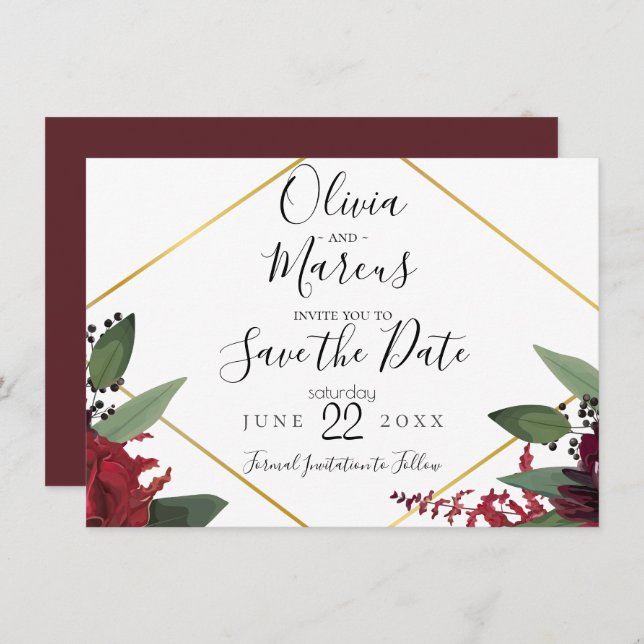 SAVE THE DATE  | Elegant Burgundy Marsala Floral 2 Invitation (Front/Back)