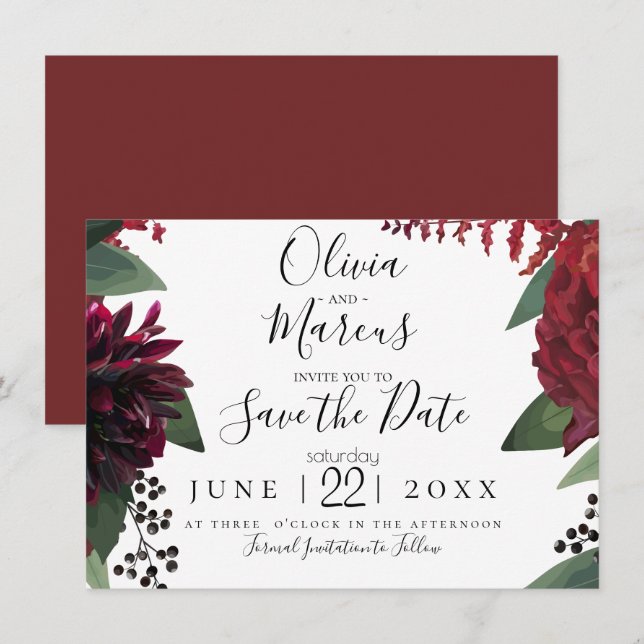 SAVE THE DATE | Elegant Burgundy Marsala Floral Invitation (Front/Back)