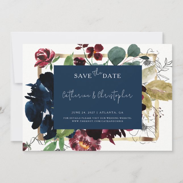 Save The Date Elégant Burgundy Navy Blue Floral Garden Mariage (Devant)