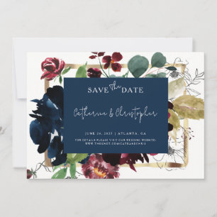 Save The Date Elégant Burgundy Navy Blue Floral Garden Mariage