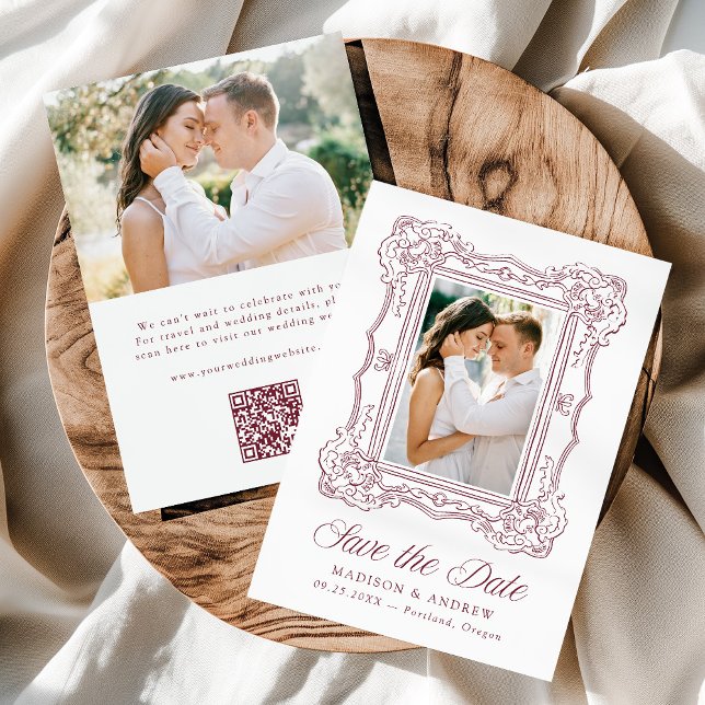 Save The Date Elegant Burgundy Ornate Frame QR Code Wedding (Créateur téléchargé)