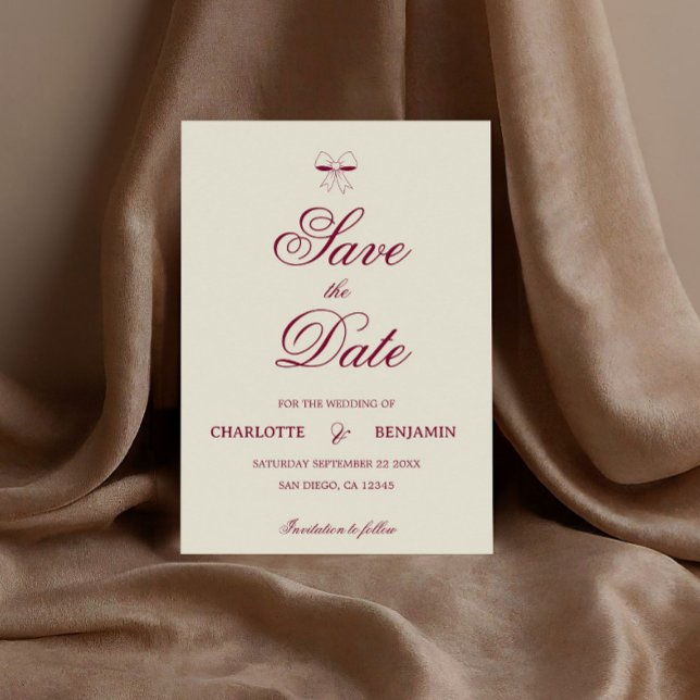 Save The Date Elegant Burgundy Script Cream Ivory Bow Wedding (Créateur téléchargé)