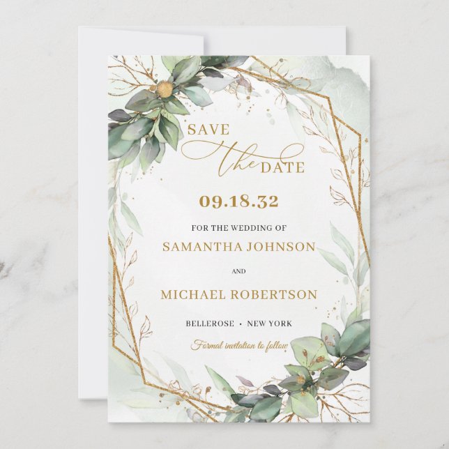 Save The Date Elégant cadre boho eucalyptus verdure or (Devant)
