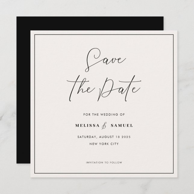 Save The Date Élégant cadre noir manuscrit Mariage de script (Devant / Derrière)