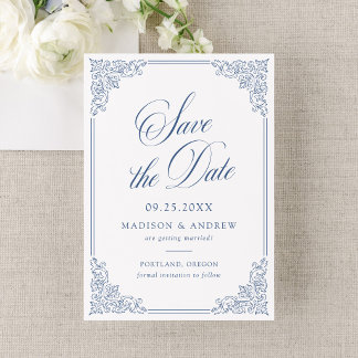 Save The Date Élégant Cadre Orné Bleu Français Mariage Vintage