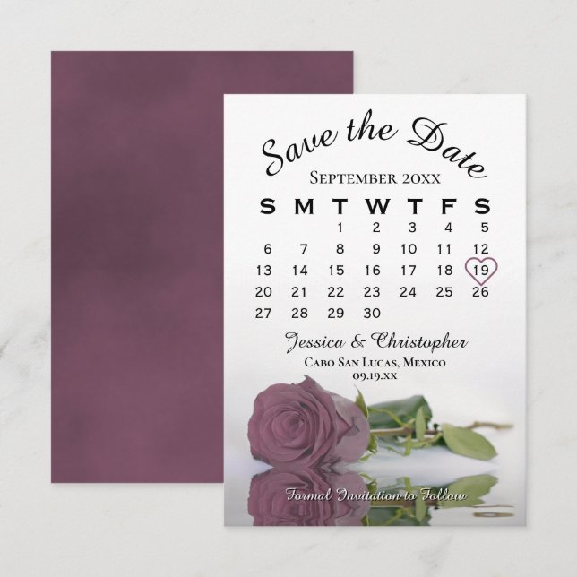 Save The Date Élégant calendrier Mariage de Rose Rose Rose Mauve (Devant / Derrière)